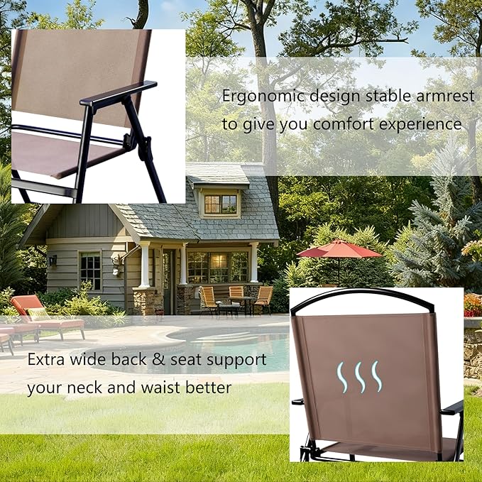 Outdoor Folding Patio Dining Chairs Set of 4 With Armrest Heavy-Duty Lightweight Protable Foldable Patio Sling Chair for Garden Lawn Poolside Backyard Deck Bistro Balcony Sillas Furnitures(4, brown)