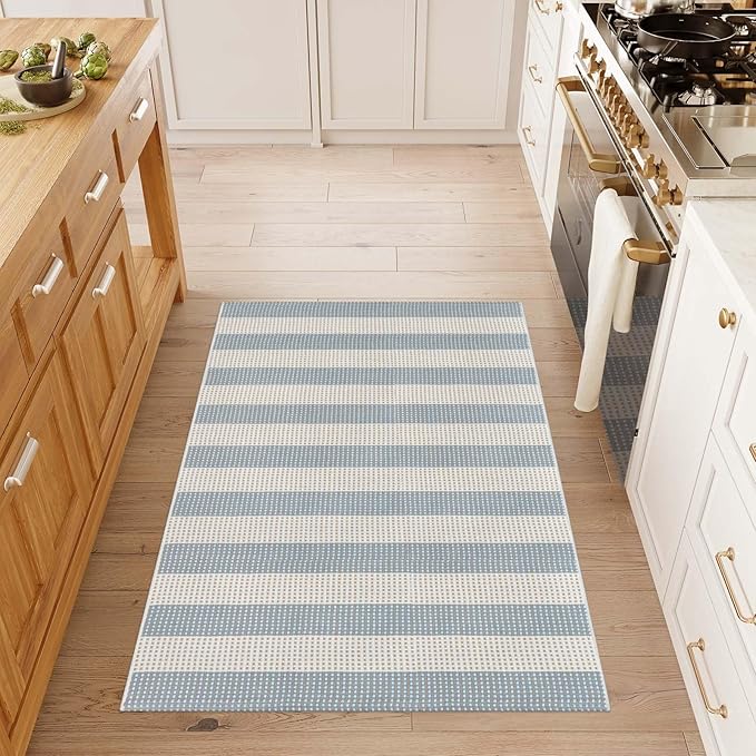 Outdoor Rug 3x5,Washable Striped Rug Front Porch Rugs,Indoor Outdoor Carpet Soft Hand Woven Rug Lightweight Front Door Rugs for Entry/Home Decor/Farmhouse(Blue and Cream)