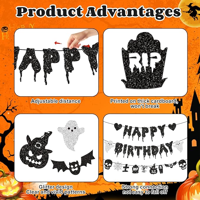 Black Glitter Halloween Happy birthday Banner Halloween Banner Party Decorations Party Supplies Decoration Birthday Decorations Baby Shower Unisex Decoration