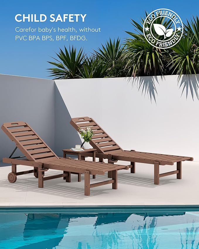 SERWALL Outdoor Chaise Lounge Set of 2, All-Weather HDPE Pool Lounge Chairs with 5-Position Adjustable Reclining Backrest, Rolling Wheels & Cup Holder for Poolside, Brown