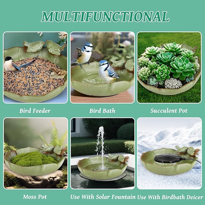 Ceramic Bird Bath Bowl for Outdoors, 9.45-Inch Ground & Tabletop Garden Decor, Weather-Resistant Birdbath for Deck, Balcony, Lawn - Easy Clean Bowl Only - Sage Color