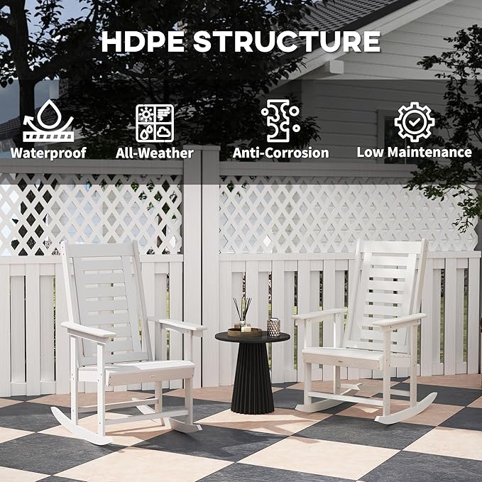 Outsunny Outdoor Rocking Chairs Set of 2, HDPE Patio Rocking Chairs with 28" High Back and Wide Armrests, All-Weather Slatted Porch Rockers for Garden, Balcony, Fire Pit, White