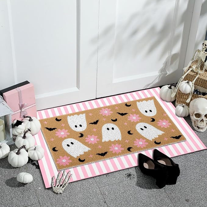 Tinideya 2 Pcs Halloween Door Mat Ghost Welcome Non Slip Coir Mats Pink Flower Cute Bat Stripe Floor Layering Doormats Seasonal for Front Porch Entryway Decor(Flower Ghost)
