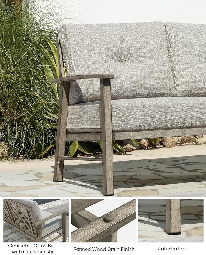 Patio Furniture Loveseat Sofa, Outdoor Aluminum Couch with 5.9'' Soft Cushion, All-Weather Outdoor 2 Seats Patio Furniture Sofa Couch for Garden, Poolside, Lawn, Limed Oak