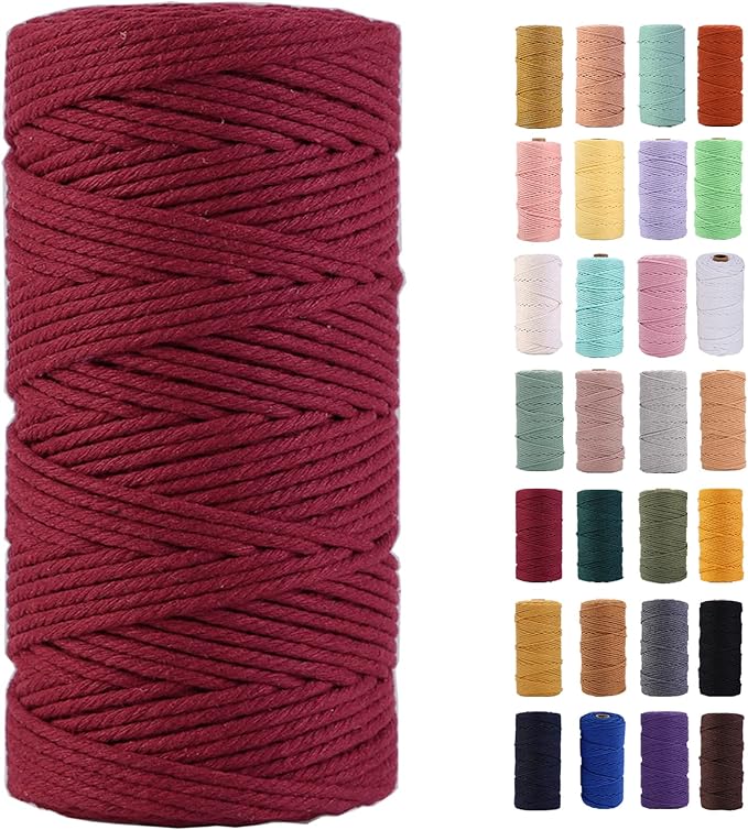 Wine Red Macrame Cord 3mm x 109Yards,Colored Cotton Rope Colorful Cotton Cord Soft Craft Cord Twine for Wall Hanging Plant Hangers Crafts Decorative Projects