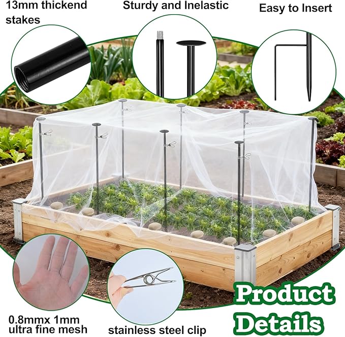 Metal Garden Netting Kit, 8 Pack 2.6ft Raised Garden Bed Net Support Stakes with 10´×13´ Fine Mesh Insect Netting 16pcs Clips Bird Barrier Screen Cover for Protect Plant Vegetable Row from Animals Bug