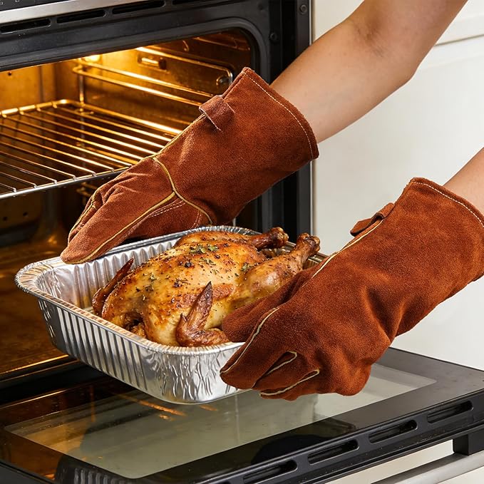 OZERO Welding Gloves for Men, 14-Inch Cowhide Leather Heat Resistant Work Gloves, EN388 EN407 EN12477 Type A Certified, Reinforced Palm, Insulated Lining, Long Cuff for BBQ Grill Oven, Brown