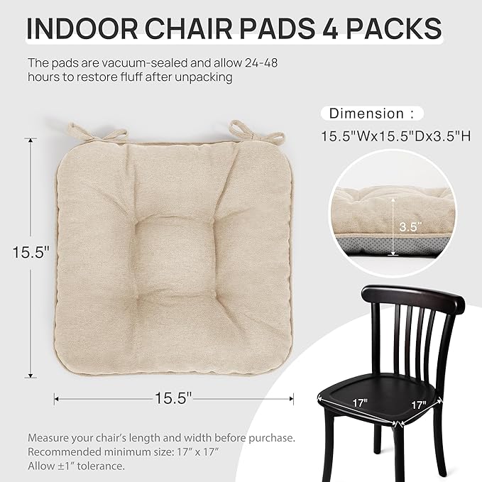 Love's cabin Memory Foam Chair Cushions Set of 4, Outdoor/Indoor Chair Pads for Dining Chairs 4 Pack, Seat Cushions for Kitchen, Dining Room, Office, Patio Chairs, 15.5" x 15.5" x 3.5" Khaki