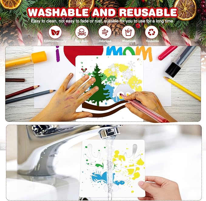 25 Pcs Christmas Stencils Reusable, 6x6 inch Christmas Stencils for Painting on Wood, Plastic Drawing Spraying Templates for Greeting Cards, Xmas Crafts Ornaments Wall Window Door DIY Decoration