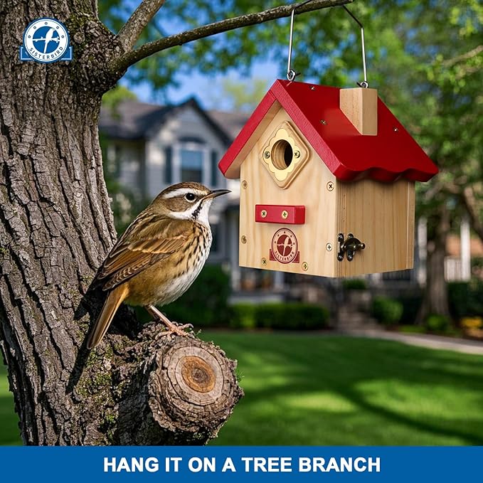 Wren Bird House, Premium Wooden Bird Houses for Outside, Classic Cabin Design Birdhouses for Outdoors, Hanging Bird House, Red-Breasted Nuthatch Wren Chickadee