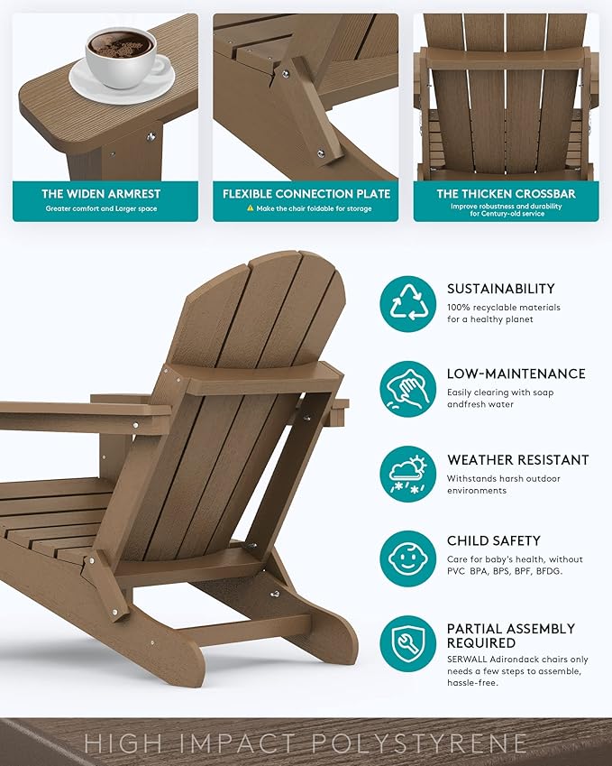 SERWALL Folding Adirondack Chair, All Weather Adirondack Chairs with Cup Holder for Patio Garden Outdoors Fire Pit Chair - Brown