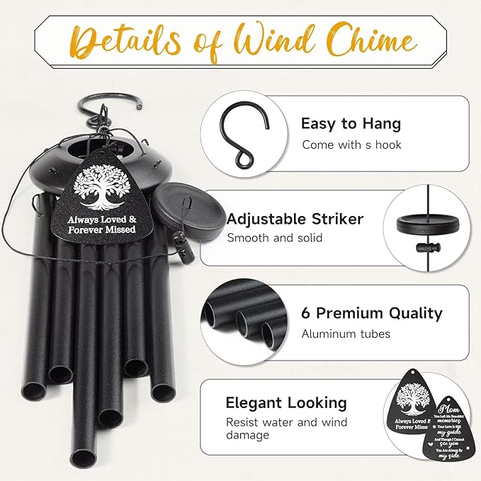 Memorial Gifts for Loss of Mom, 25''Memorial Wind Chimes for Loss of Mother Gifts, Condolence/Bereavement/Remembrance Gift,Windchimes in Memory Sympathy Gift,Funeral Decor for Garden Outside,Black