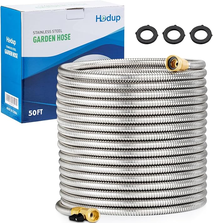 50FT Stainless Steel Metal Garden Hose - Lightweight, Kink-Free & Tangle-Free, Flexible with Brass Fittings, On/Off Valve, Pet Proof, Puncture Proof for Yard, RV, Car Washing (Silver)
