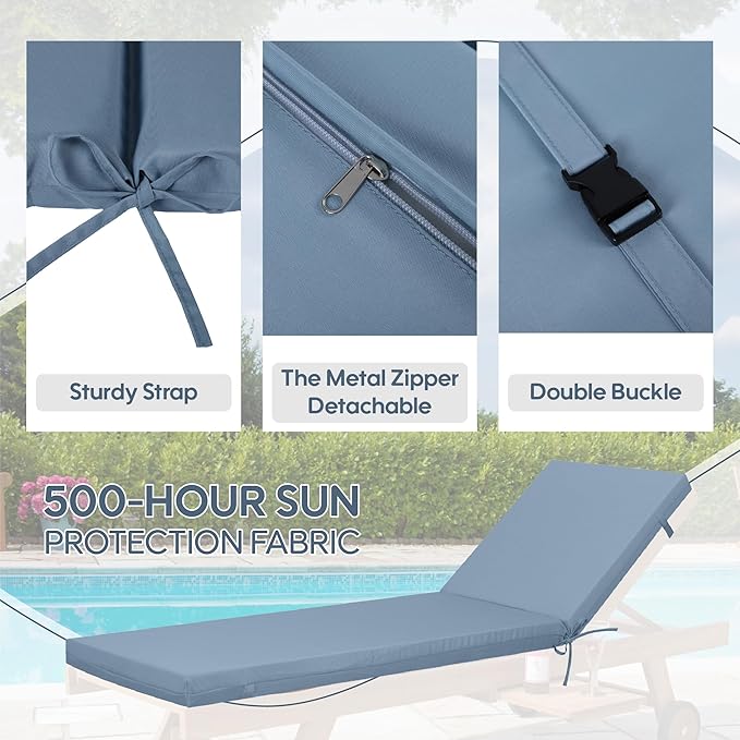 Only choice Outdoor Chaise Lounge Cushion Set of 2, 75" x 24" Lounge Chair Cushion Water-Resistant & Fade-Resistant for Lawn, Pool, Replacement Seat Cushion for Patio (Haze Blue)