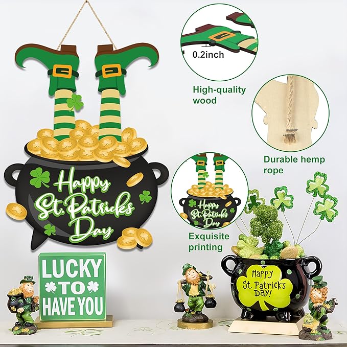 St. Patrick's Day Door Sign Happy St. Patrick's Day Wooden Front Door Wreath Leprechaun Feet Shamrock Gold Coin Jar Hanging Welcome Signs for Irish Home Wall Hanger Porch Indoor Outdoor Party Decor