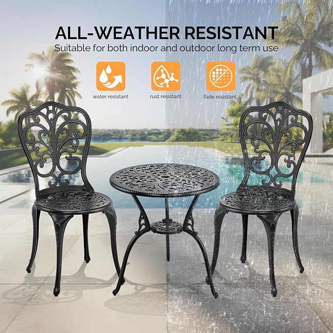 VINGLI 3 PCS Outdoor Bistro Set, Outdoor Patio Set, All-Weather Cast Aluminum Bistro Table Set, Bistro Table and Chairs Set of 2 for Backyard, Garden, Balcony (Black, Butterfly)