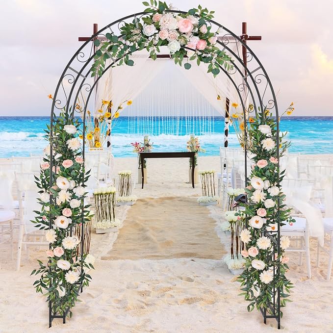 7FT Heavy Duty Steel Garden Arbor with Side Garden Trellis, Rust-Resistant Powder Coated Wedding Arch Archway for Backyard, Vine Plants & Outdoor Decor - Includes Ground Stakes & Easy Assembly