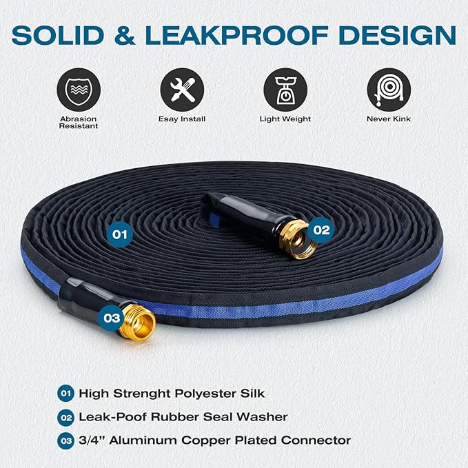 Ultra Lightweight 100FT Garden Hose - Heavy-Duty Kink-Free Flexible Hose, Non-Expanding Design with Aluminum Brass Fittings, Crush-Proof for Yard/Lawn/Outdoor Use(black-blue, 100 FT)