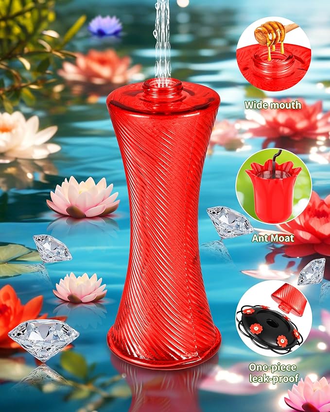 Hanging 20oz Glass Hummingbird Feeder with Moat, Small Outdoor Plastic Bird Feeder, Squirrel Proof, Ants, Outside Water Dispenser for Garden (Red Glass Birdfeeder)
