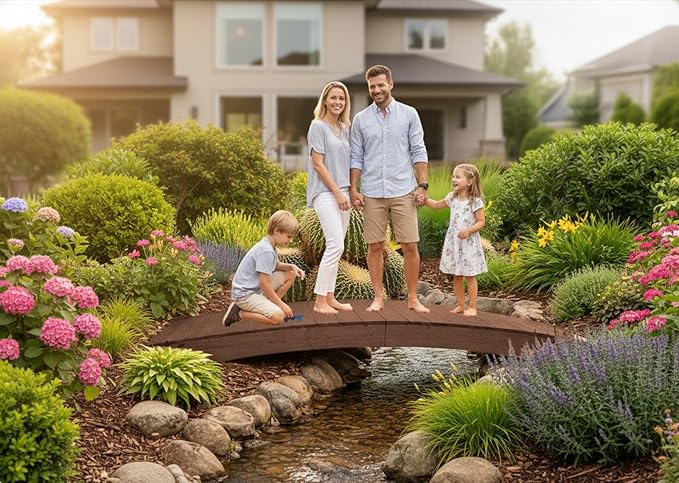 10 FT WALNUT Amish Made Pinewood Heavy Duty Garden Bridge for Walkway, Backyard Pond & Landscaping, Outdoor Wooden Footbridge for Koi Pond, Japanese Style Decorative Bridge, Made in USA