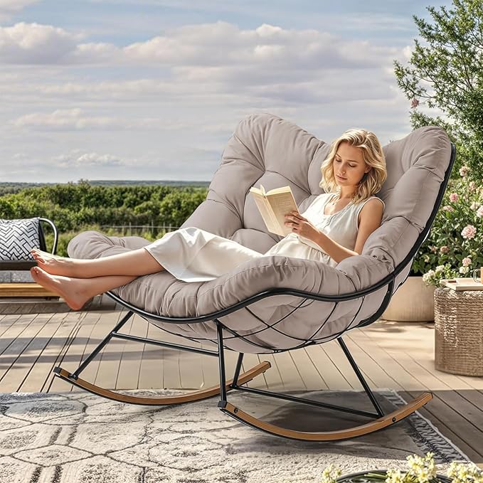 Outdoor Rocking Chair Cushion – Waterproof Wicker Egg Chair Replacement Pad, Thick Papasan Seat Cushion with Ties for Indoor & Outdoor Patio, Porch, Balcony, or Garden (Khaki)