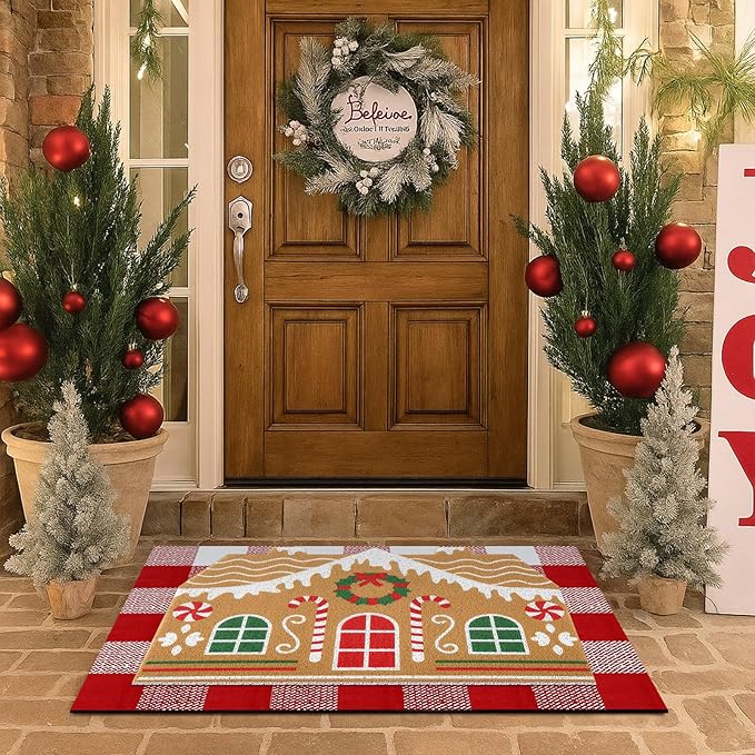 Tinideya 2 Pcs Christmas Door Mat Gingerbread House Welcome Non Slip Coir Mats Merry Xmas Red White Buffalo Plaid Floor Layering Doormats Seasonal for Front Porch Entryway Decor(Gingerbread House)