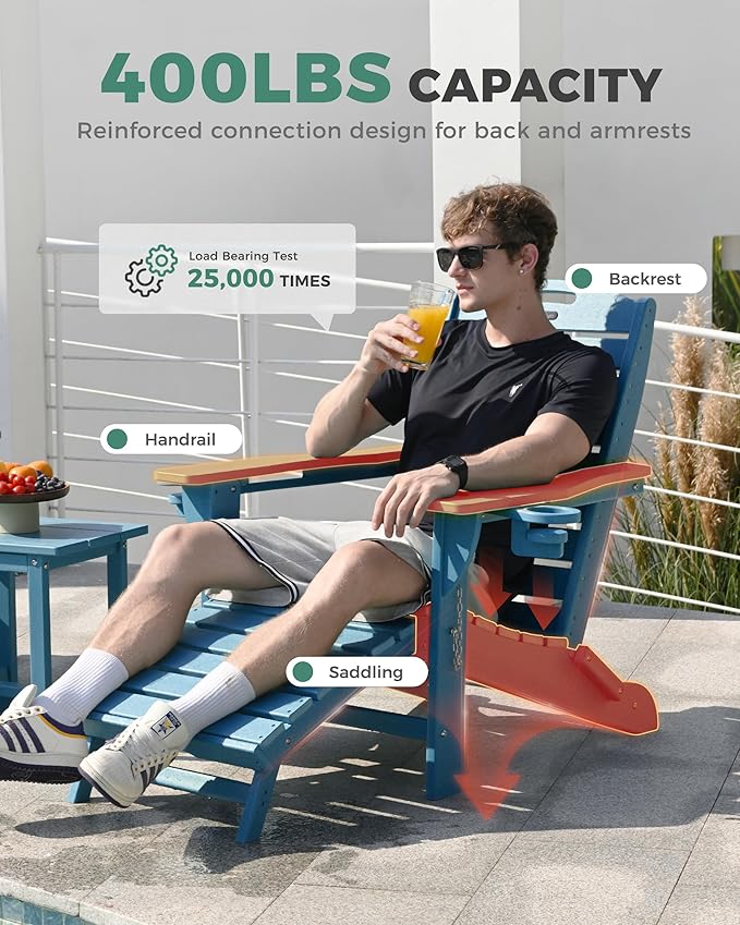 Folding Adirondack Chairs Set of 4,Adirondack Chair with Retractable Ottoman,Plastic Adirondack Chairs with 2 Cup Holder,Weather Resistant Patio Chair,Outdoor Chairs Set of 4(Navy Blue)