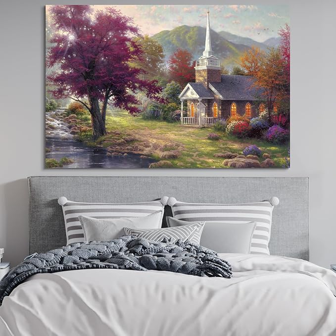 STUDIO HAVEN Thomas Kinkade Canvas Wall Art, Stone Chapel Flowing Stream Colorful Trees and Morning Light Serene Oil Painting Poster Landscape Wall Decor, Framed Prints for Home Decor, 16x12Inch