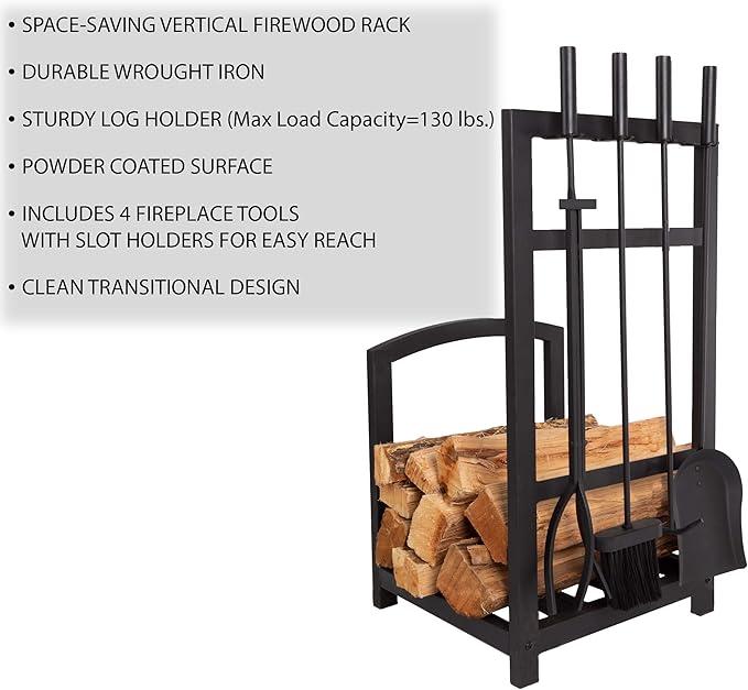 5-Piece Fireplace Tool Set and Log Rack - Mission-Style Firewood Holder with Shovel, Broom, Tongs, and Poker for Hearth by Lavish Home (Matte Black)