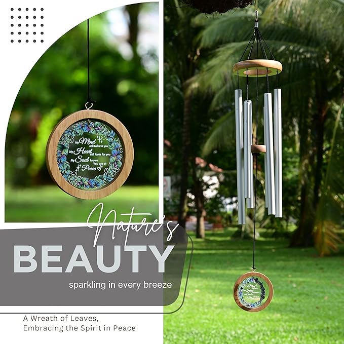 Wind Chimes for Outside, Wind Chimes Outdoor Clearance, Deep Tone Outdoors, Wreath of Leaves Wind Chime, Memorial, Sympathy Gift, Patio, Porch, Home Décor, Modern, Acrylic Art, Silver (34" Wreath)
