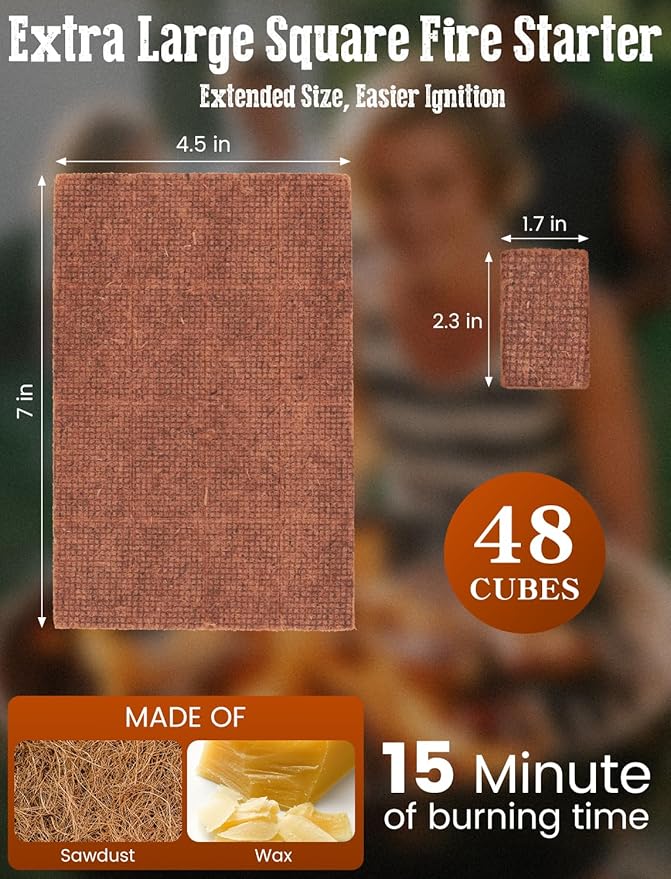 E500 Fire Starter - Natural Fire Starters for Fireplace, Campfires, Chimney, BBQ, Fire Pit & Wood Fireplace - 48 Count Pine Firestarter Squares