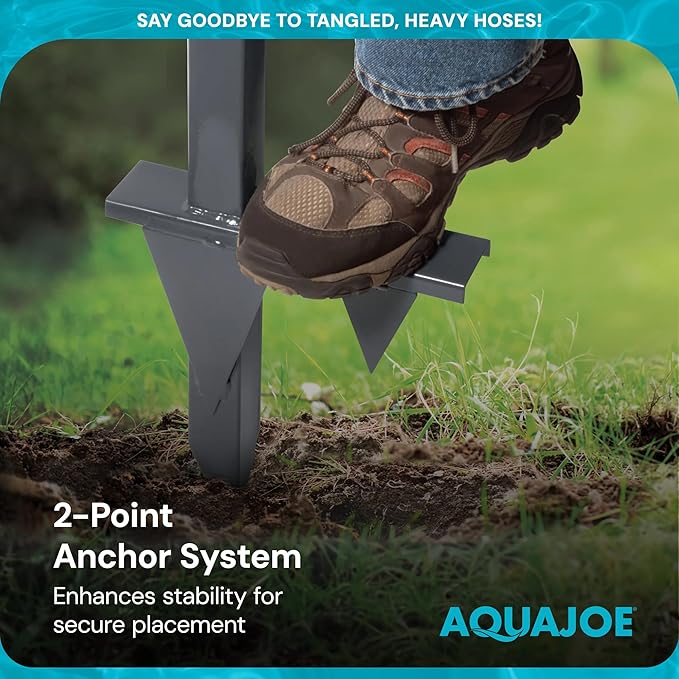 Aqua Joe Steel Garden Hose Stand with Brass Faucet and Quick-Install Anchor Base - Heavy-Duty Freestanding Holder for Outdoor Lawn, Yard & Garden Hose Storage, SJ-SHSBB-GRY