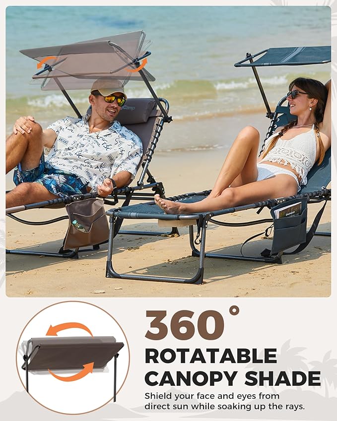 KingCamp 2 Pack Tanning Chair with Face Hole, Lounge Chairs Outdoor Folding Comfy Adjustable 5-Position Foldable Chaise Chaser with Canopy Shade for Outside Beach Patio Sun Bathing, Beige