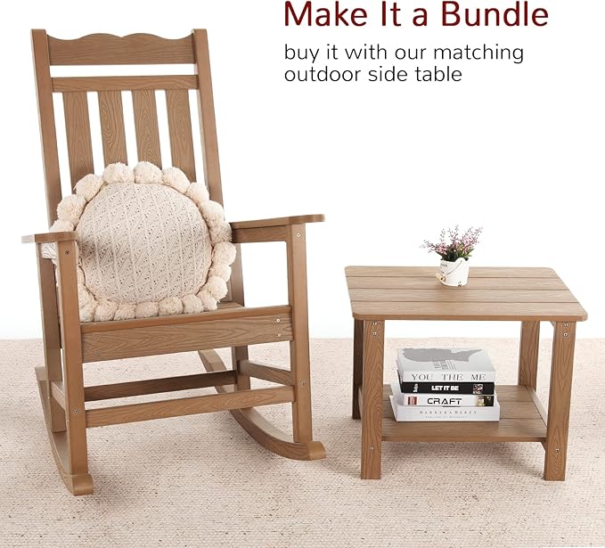 Stoog Patio Rocking Chairs Set of 2, All-Weather Outdoor & Indoor Porch Rocker with 400 lbs Weight Capacity, Front Porch Rocker Chairs Looks Like Real Wood, Teak