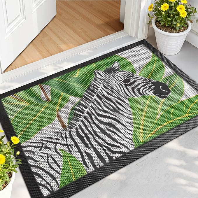 LUMI Outside Door Mat 17x30, Non Slip Rubber Backing Doormat, Low Profile Easy Clean Entrance Mats for Front Back Door Entryway Porch Garage, Zebra