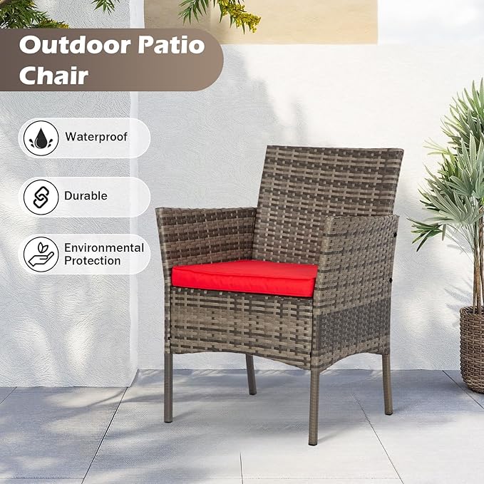 FDW | 4-Piece Patio Furniture Set | Gray & Red |Outdoor Wicker Furniture with Coffee Table | Modern Rattan Chairs Conversation Set | Outdoor Seating | Weather-Resistant | for Porch, Garden, Lawn