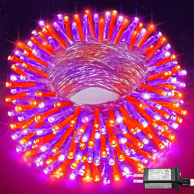 66FT 200 LED Christmas Lights Outdoor, Orange and Purple String Lights Indoor Waterproof with 8 Modes, Connectable Clear Wire Twinkle Fairy Lights for Indoor Home Xmas Garden Decorations