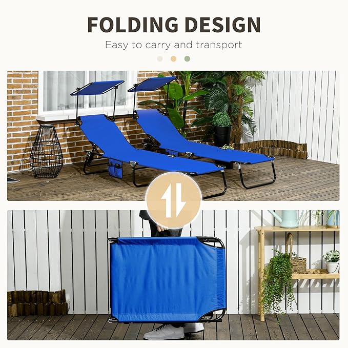 Outsunny Folding Chaise Lounge Pool Lounge Chairs Set of 2, Outdoor Sun Tanning Chairs with Canopy Shade, Reclining Back, Steel Frame and Side Pocket for Beach, Yard, Patio, Blue