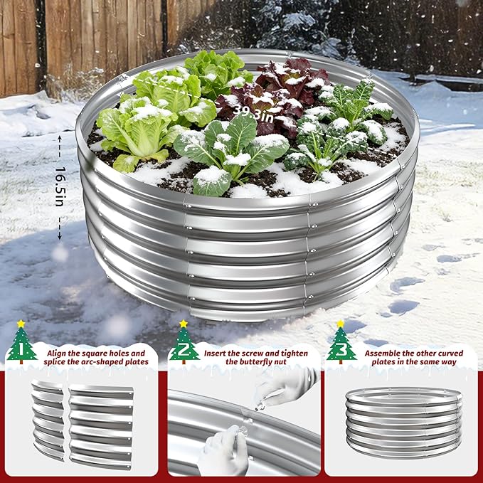 16 Inch Tall Heavy-Duty Round Steel Rised Garden Bed – Wave-Shaped Design Galvanized Metal Planter Box for Vegetables Flowers Succulent at Patio/Garden Outdoor (Silver, 40" Diameter X 16" Tall)