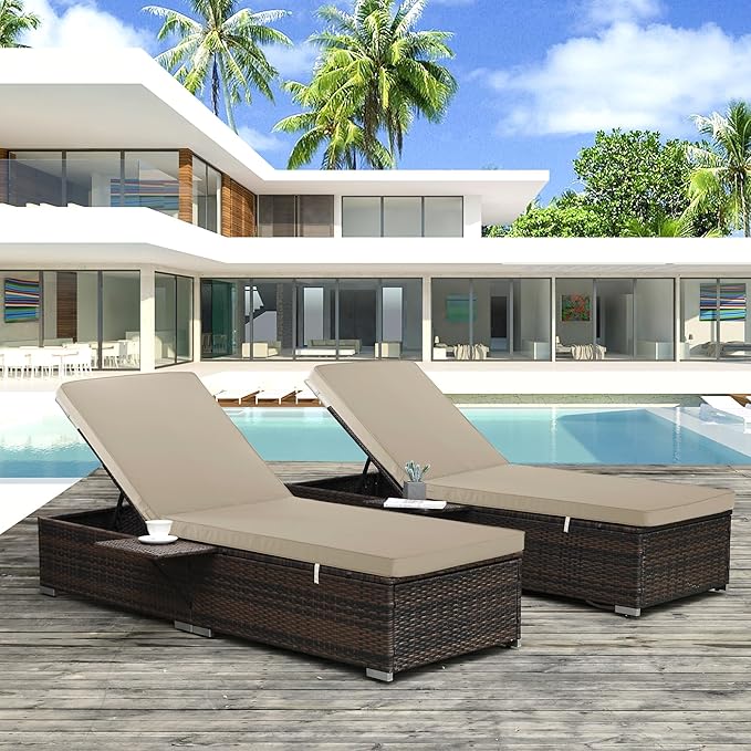 Outdoor Chaise Lounge Cushion Set of 2, Fadesafe Water-Repellent Lounge Deck Reclining Chair Cushions for Patio Furniture Lawn Pool Resort Hotel, 80x26x3 Inch, Cream