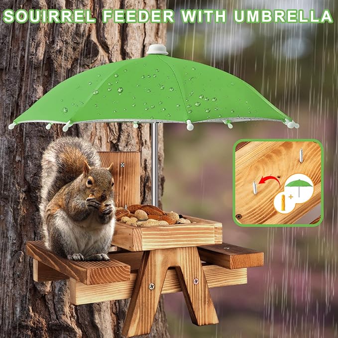 Gnodary Squirrel Feeder with Umbrella, Squirrel Feeders for Outside, Squirrel Picnic Table Feeder - Chipmunk Feeder Hold Corn, Corn Cob, Peanuts (Green)