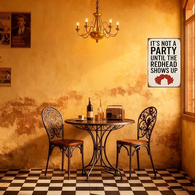 Football Party Decorations Funny Football Gift Vintage Redhead Metal Sign –“IT’S NOT A PARTY UNTIL THE REDHEAD SHOWS UP” Retro Wall Decor for Home Bar, Game Room, or Party Space – Humorous Gift for Redheads, Friends, and Fun Lovers (Redhead)