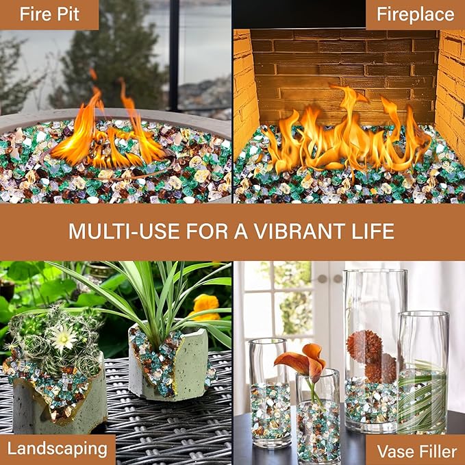 NUPICK 10 Pound Fire Glass, 1/4 Inch Reflective Fire Pit Glass, Tempered Firepit Glass Rock for Propane or Natural Gas, Glass Rocks for Fire Pit Table or Fireplace, Gold & Green & Copper Mix