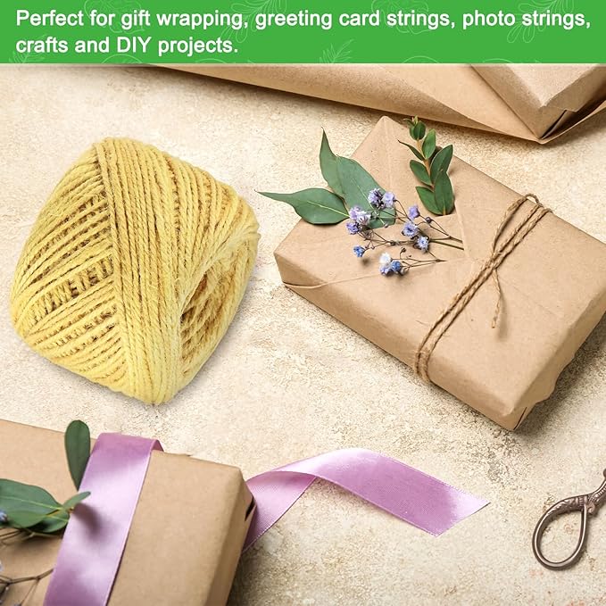 2-Pack Natural Jute Twine String, 3mm x 328ft/100m Long Garden Twine Balls for Crafts/Gift Wrapping/Gardening Plants, Durable Plant Ties Thick Rope [Light Yellow]