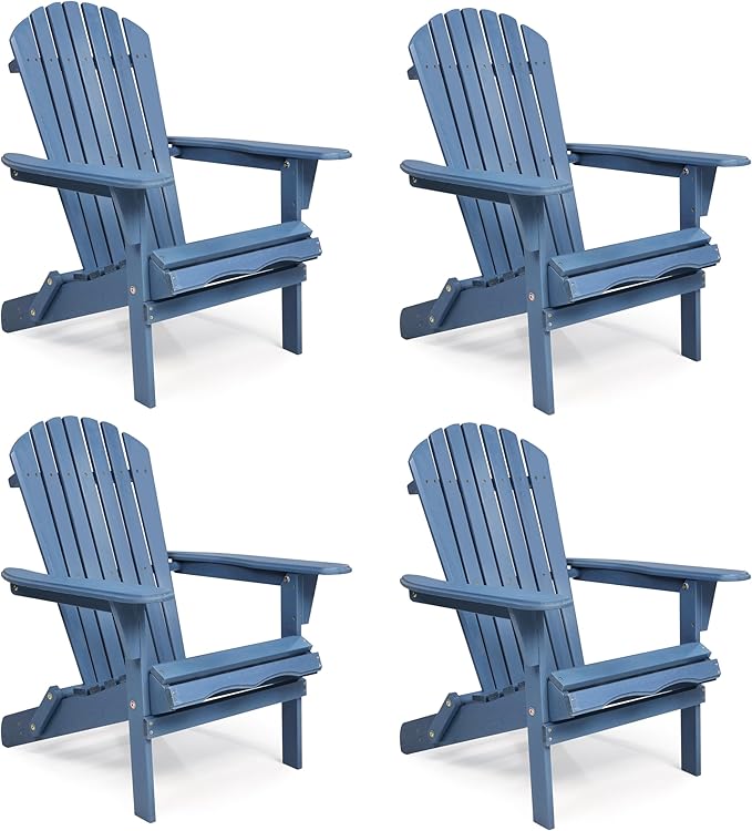 SoliWood Outdoor Wooden Folding Adirondack Chair Set of 4 with Pre-Assembled BackRest, Wood Patio Chair for Garden Backyard Porch Pool Deck Firepit