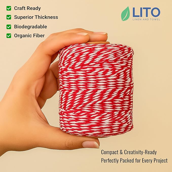 Red and White Organic Twine Cotton String - 500 Feet Wrapping, Baking, Butcher, Crafts, DIY Projects, Easter, Christmas
