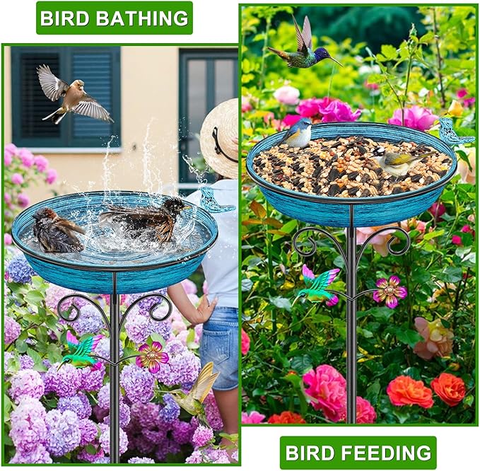 Metal Bird Bath for Outside, Freestanding Garden Bird Baths Bowl, Vintage Birdbath for Outdoors Yard Garden Lawn Decor Decor (Vintage Blue)