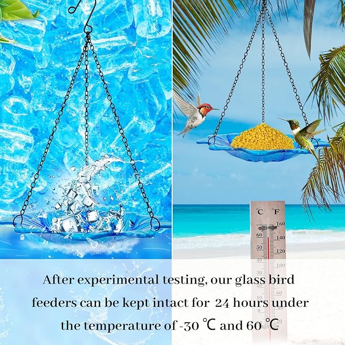 HONGLAND Bird Baths for Outside,10 Inch Small Blue Glass Birdbaths Outdoor,Detachable Bird Feeder with Metal HangingStake for Garden Yard Patio Decor,15" Height