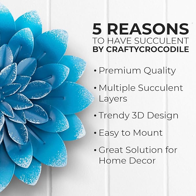 Everydecor Succulent Metal Flowers Wall Decor – Blue, Hand Painted, 3D Flower Art Decoration for Living Room, Bedroom, Kitchen, Bathroom - Floral Decor for Indoor & Outdoor Use