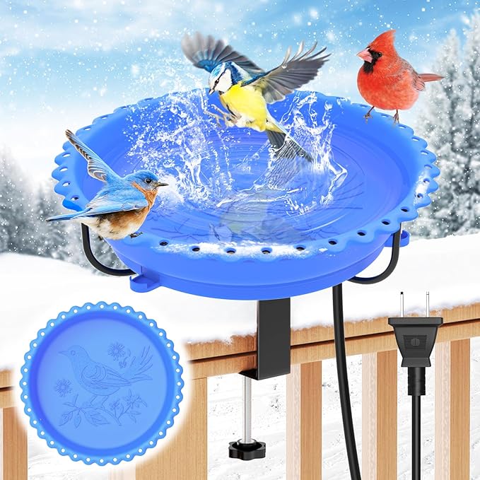Heated Bird Bath for Outdoors, Upgraded 100W Thermostatically Controlled Heated Bird Baths for Deck Railing Large Capacity Heated Birdbath for Outside Winter Garden Yard Patio Lawn (Blue)